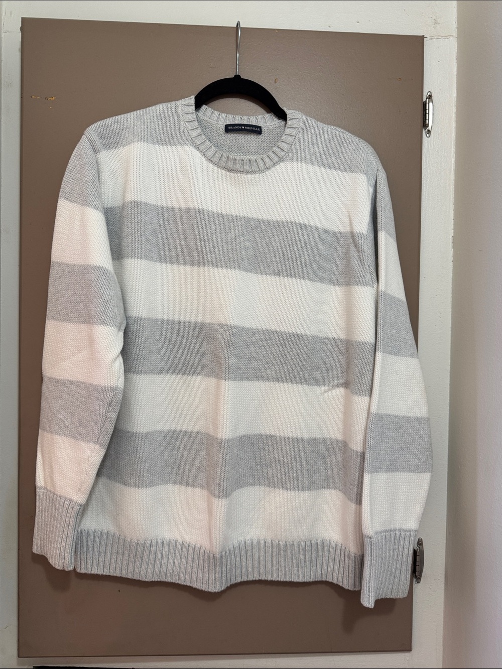 Brandy Melville Cream and Gray Striped Crewneck Sweater